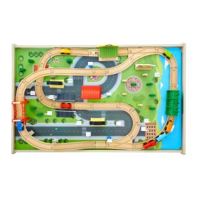Train Table, 84 Multicolor Pieces Wooden Kids Activity Table with Collapsible Storage Bin, 3-in-1 Wooden Train Set for Gaming, Drawing, Reading