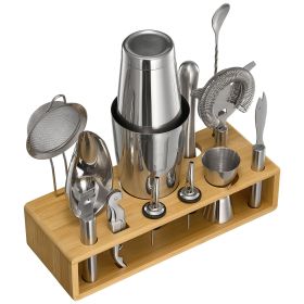 Cocktail Shaker Set, 13-Piece Stainless Steel Bar Tools with Bamboo Stand, Boston Bartender Kit Accessories | Mixer Spoon, Muddler, Jigger, Strai