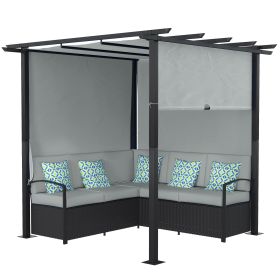 Wicker Patio Furniture, Outdoor PE Rattan Sofa Set with Retractable Canopy Pergola, Shade Shelter for Deck, Pool, Garden, Terrace, Grey